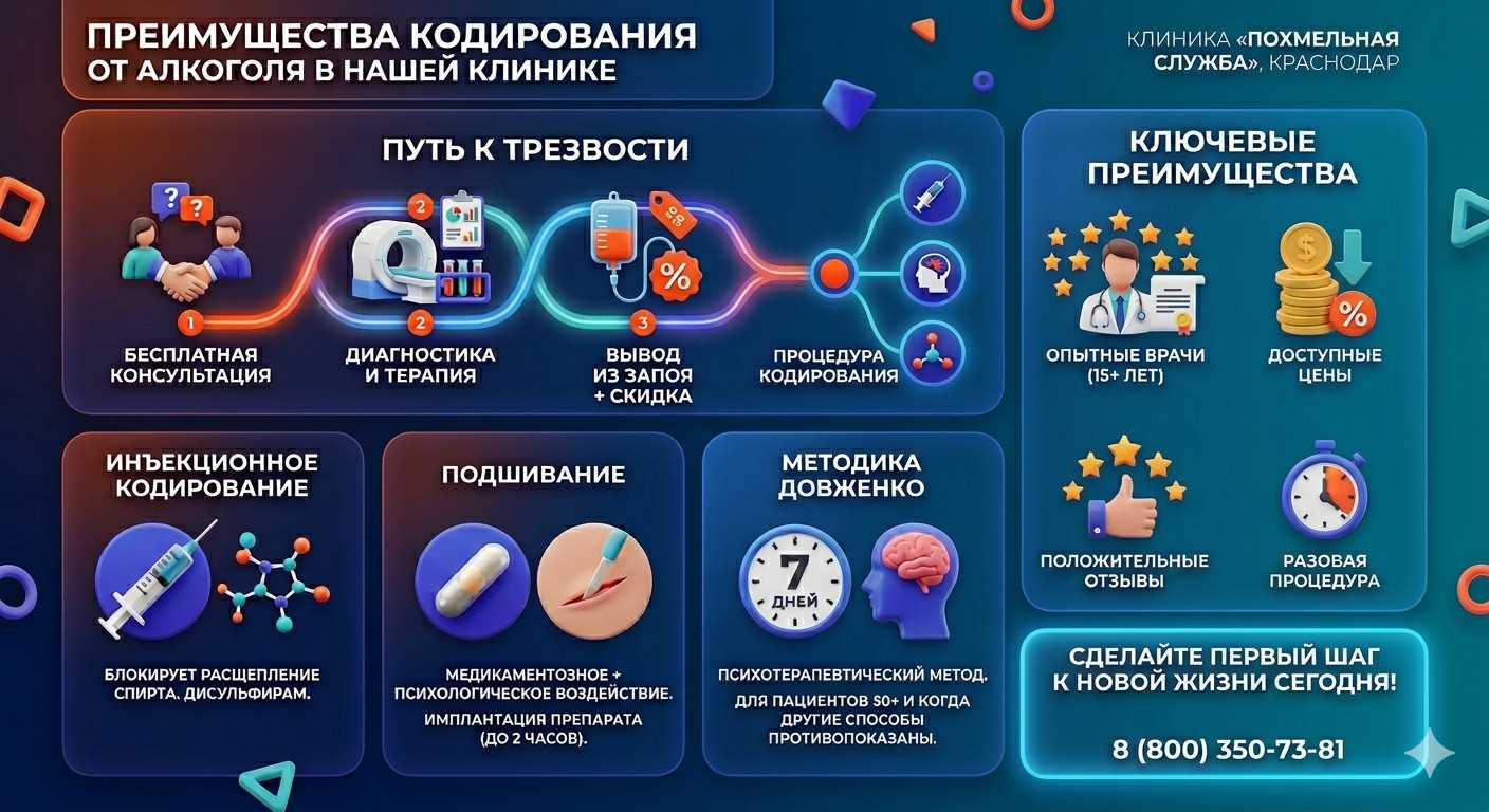 Инфографика о методах кодирования от алкоголя в Клину: инъекции, подшивание, метод Довженко. Преимущества клиники и этапы лечения.