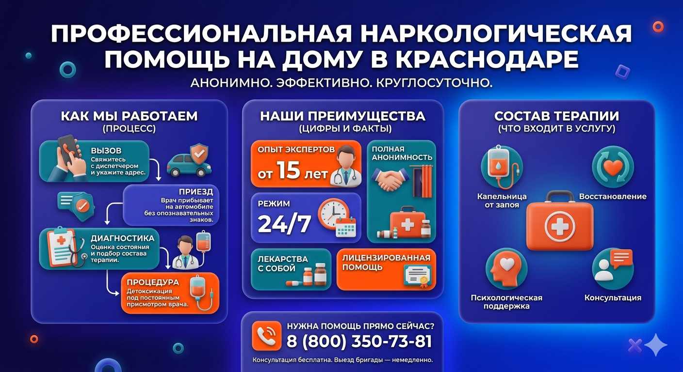 Инфографика о принципах лечения алкоголизма на дому в Клину: этапы вызова нарколога, преимущества анонимной детоксикации и состав медицинской помощи.